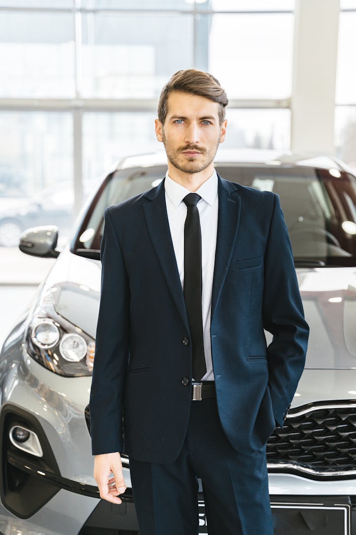portfolio-02 A confident man in a suit stands indoors by a car, exuding professionalism.